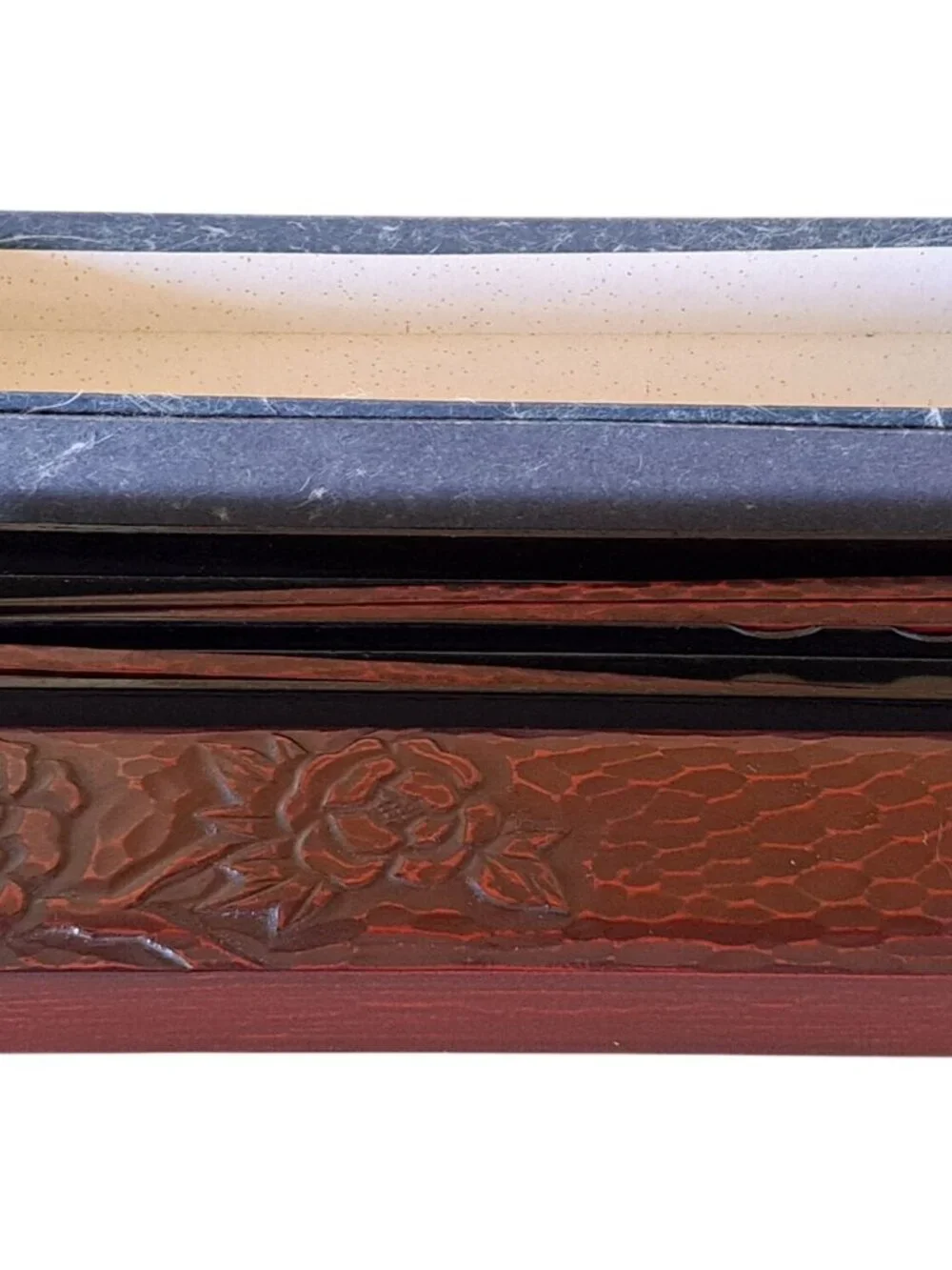 Vtg MCM Hand-Carved Japanese Wooden Chopstick Set Floral Storage Box Traditional